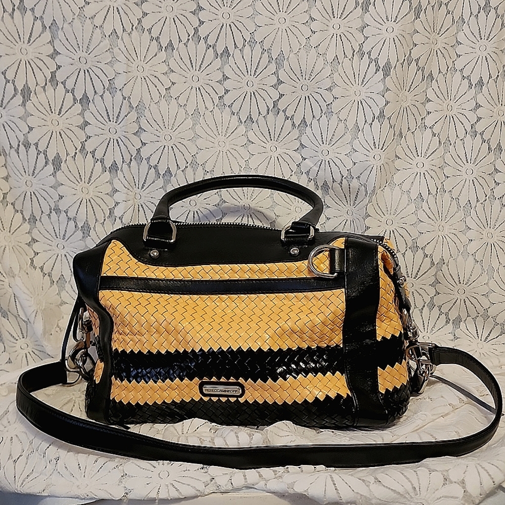 Rebecca Minkoff black/peach braided leather satchel purse with strap.